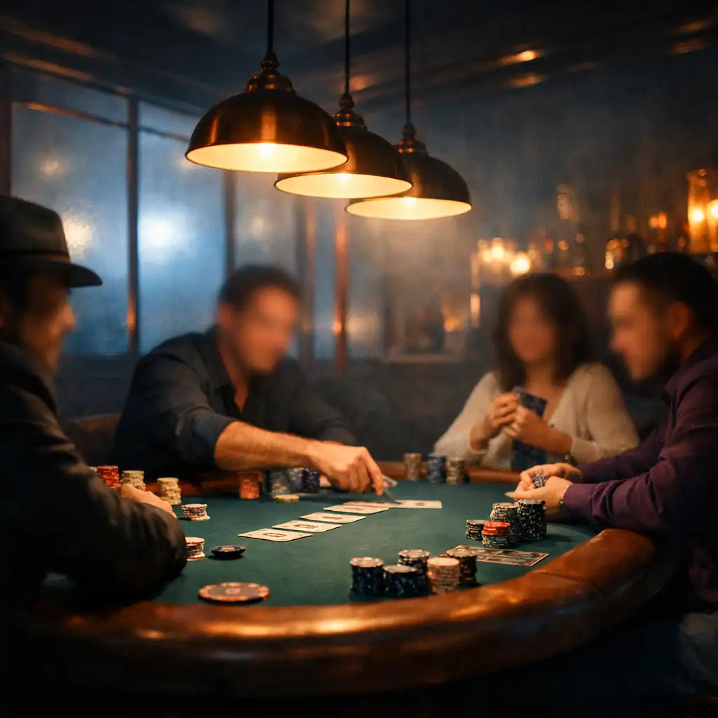 Soirée poker à Tableau Brume avec des joueurs autour d'une table