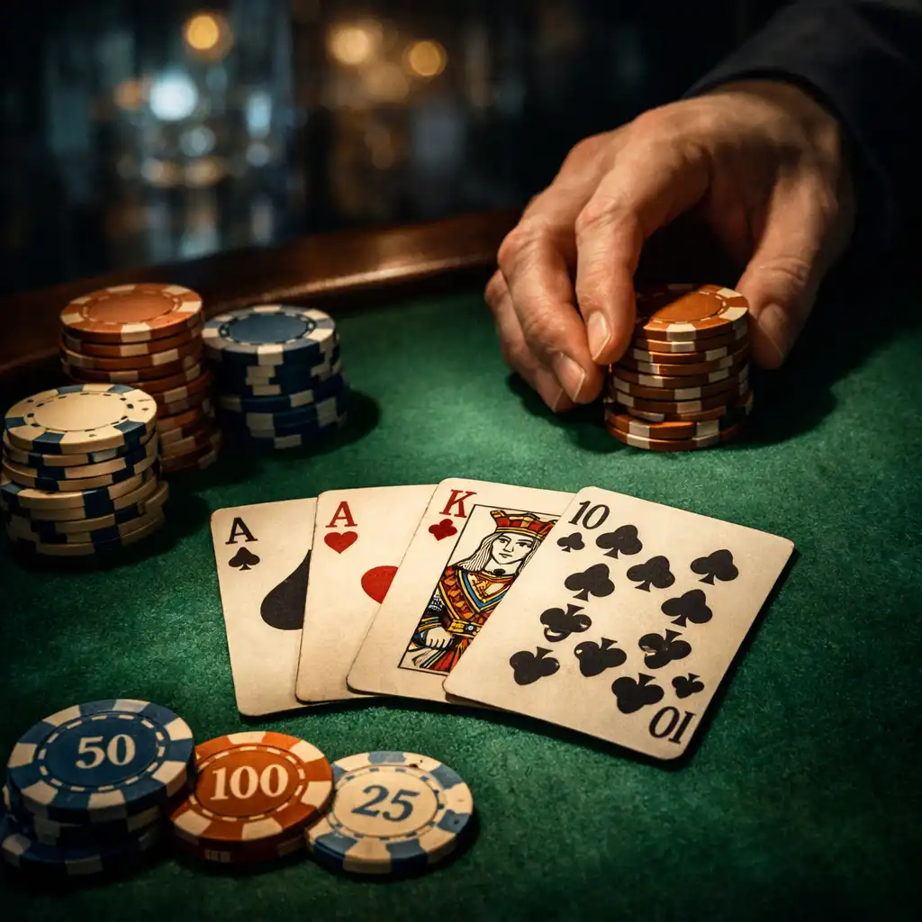 Gros plan sur des cartes et des jetons de poker en action