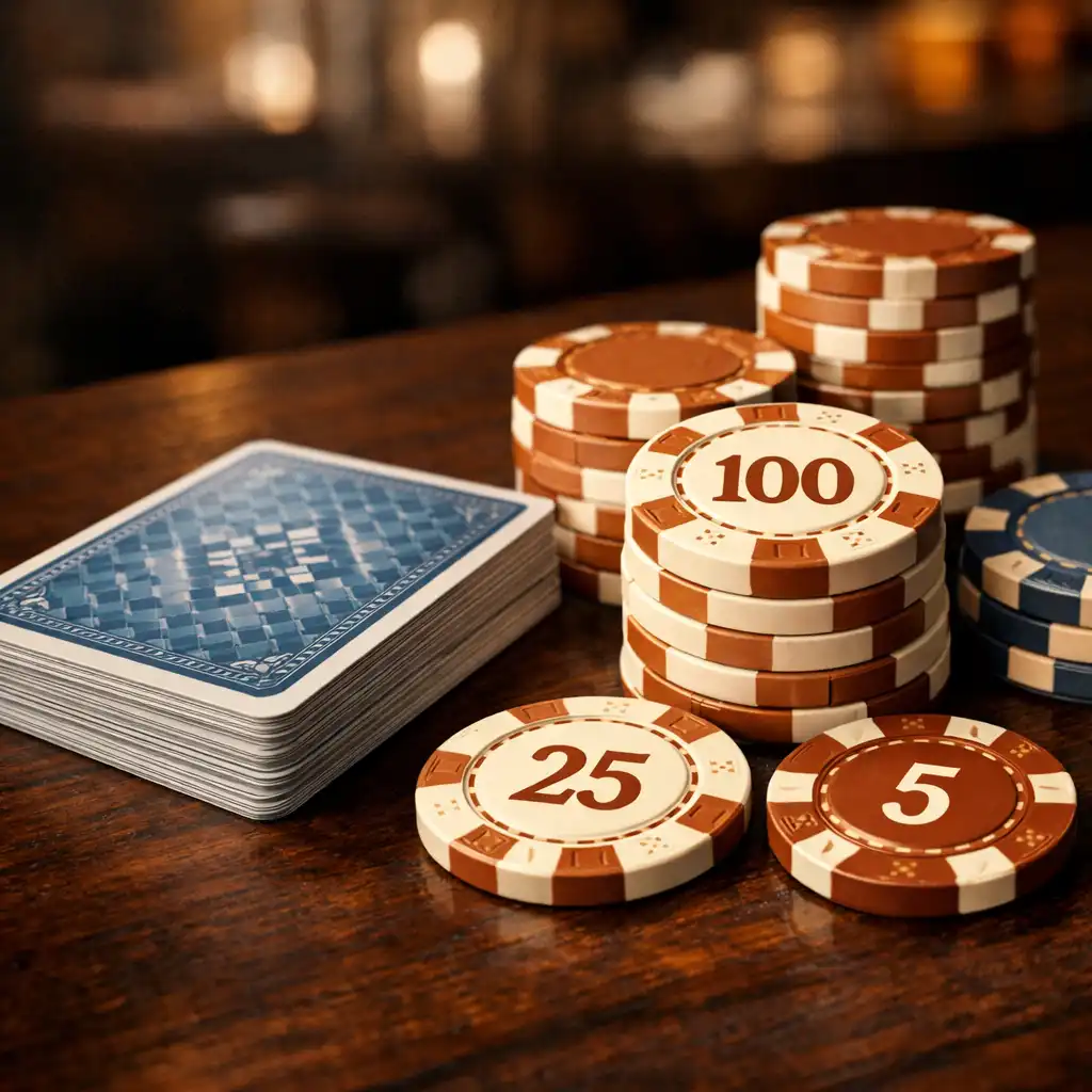 Gros plan sur des cartes à jouer et des jetons de poker en céramique sur une table en bois sombre