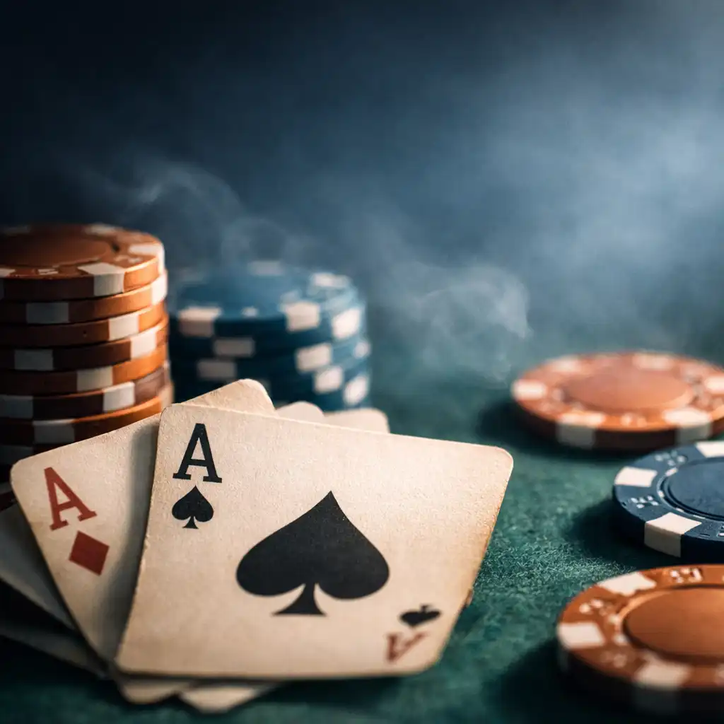 Gros plan sur des cartes à jouer et des jetons de poker sur une table en feutre vert