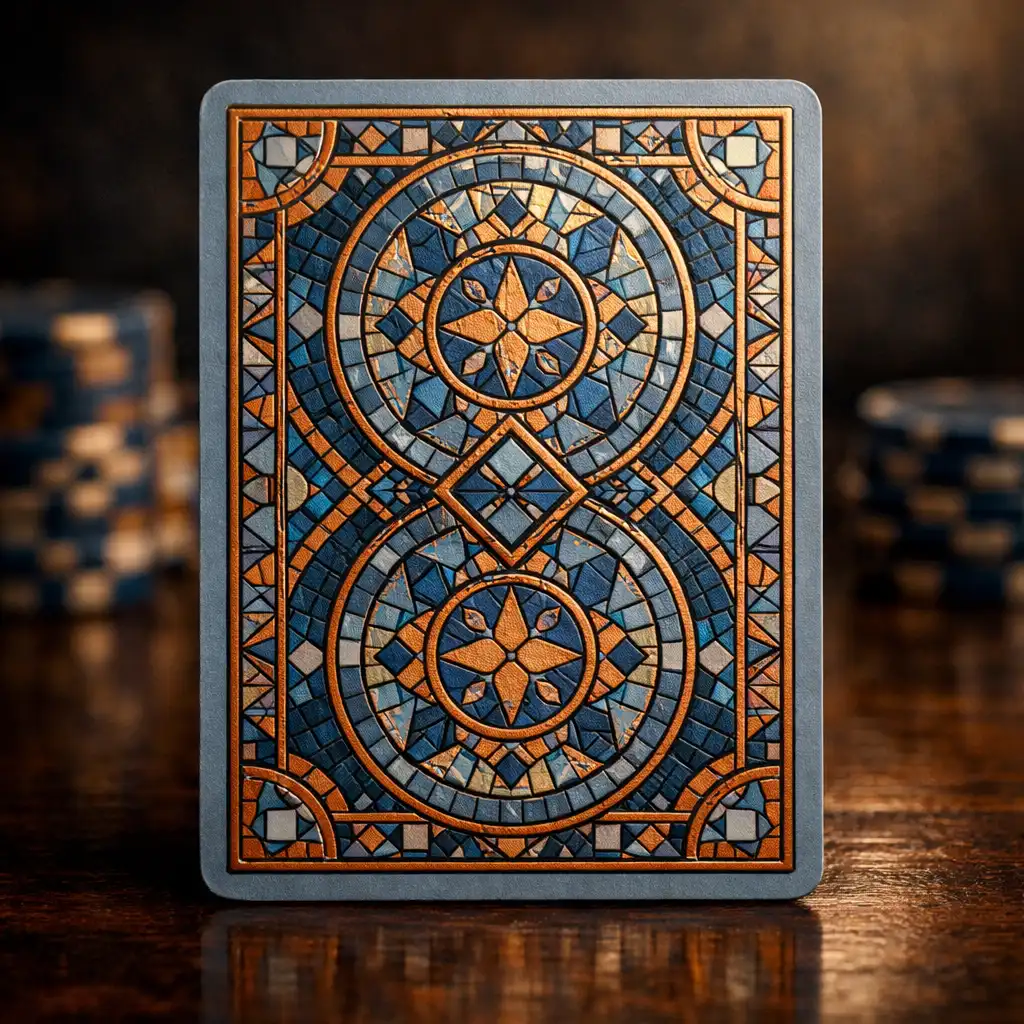 Gros plan sur le dos d'une carte à jouer avec motif mosaïque bleu brume et cuivre