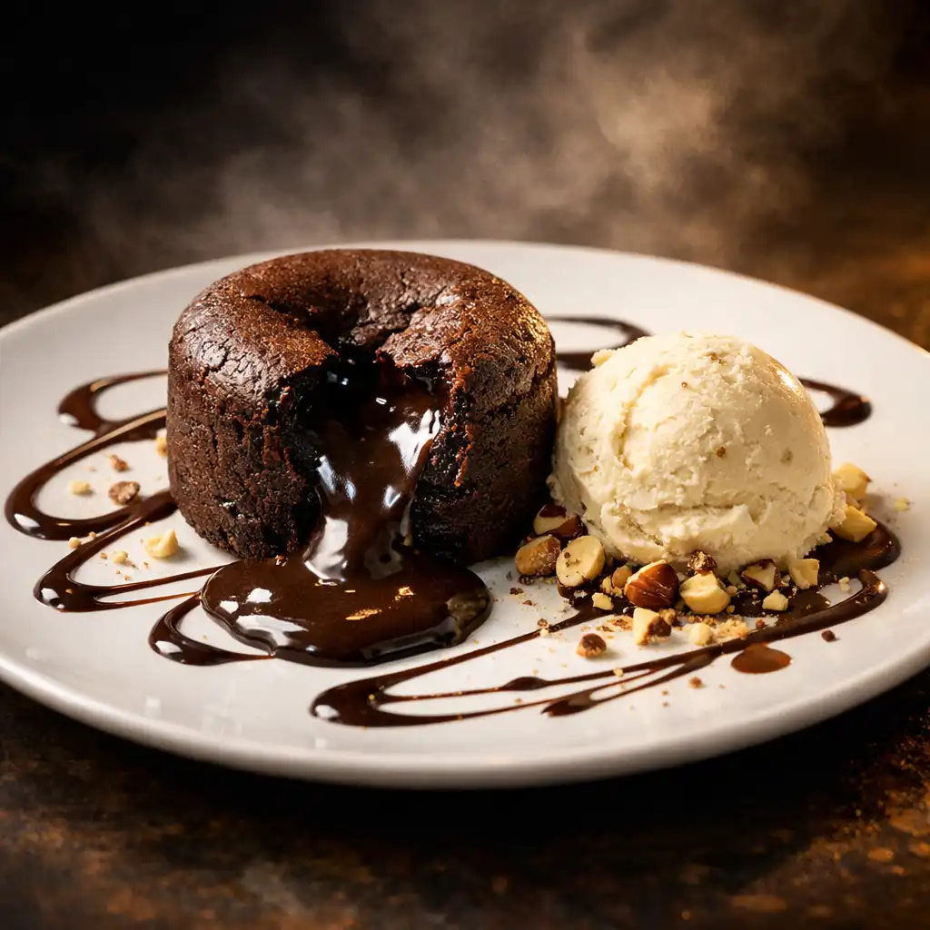 Fondant au chocolat avec cœur coulant, glace vanille et éclats de noisettes