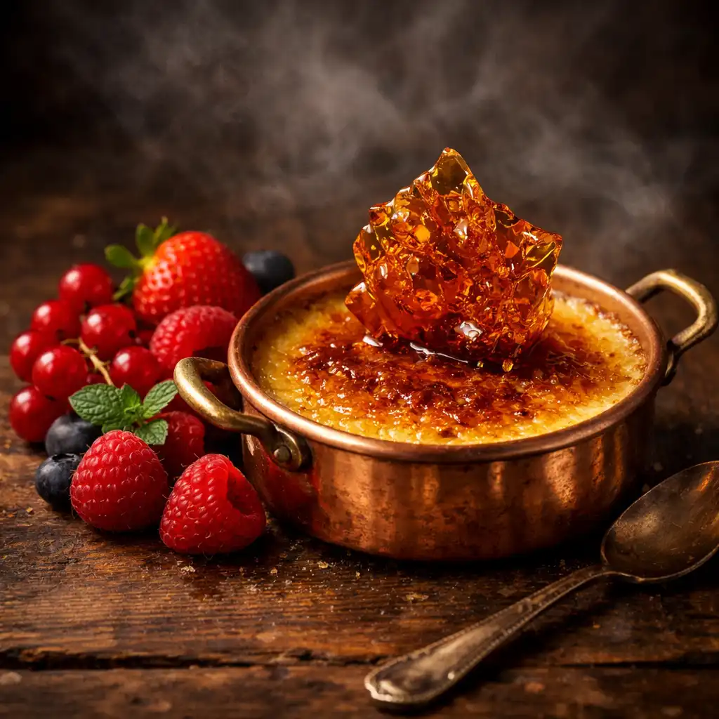 Crème brûlée classique avec caramel croquant et fruits rouges