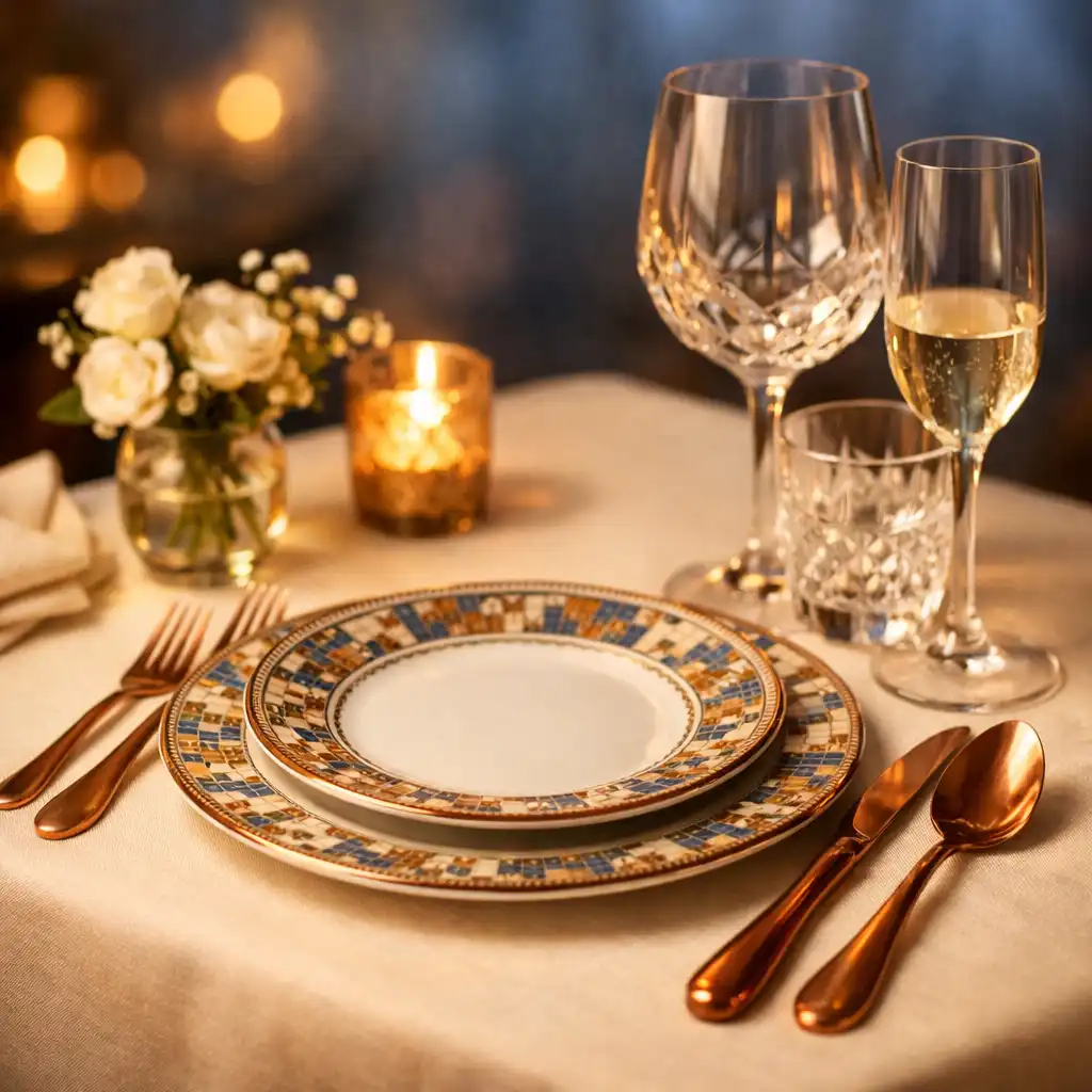 Table de restaurant dressée pour un dîner gastronomique avec couverts en cuivre et verres en cristal