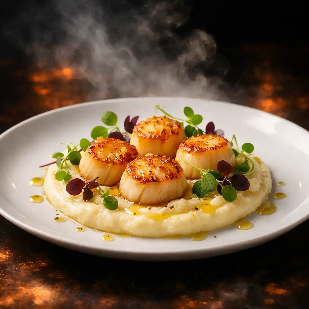 Saint-Jacques snackées avec purée de céleri et huile de truffe