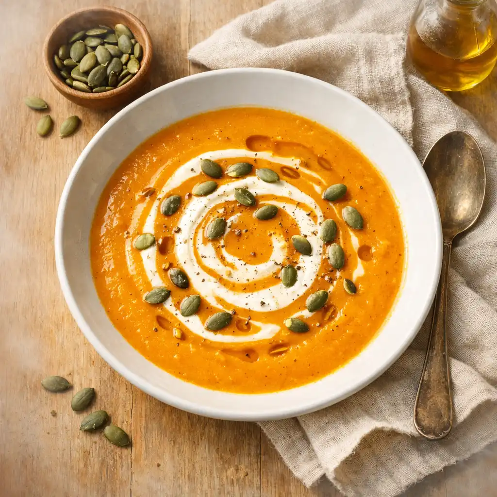Velouté de potimarron avec crème fraîche, graines de courge et huile de noisette