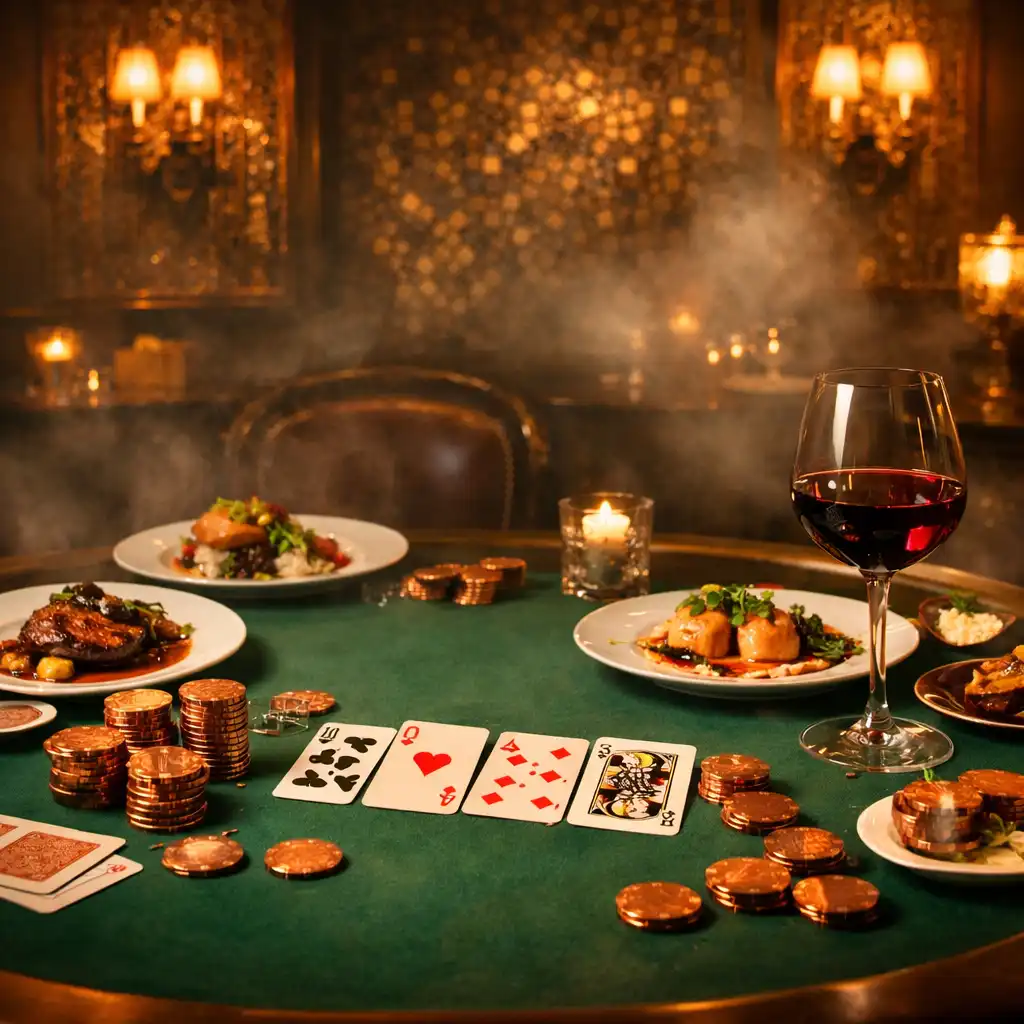 Table de poker en feutre vert avec cartes, jetons en cuivre, verre de vin rouge et plats raffinés dans une salle élégante
