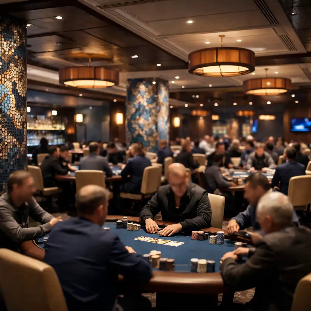 Vue d'ensemble de la poker room pendant une soirée avec des joueurs floutés