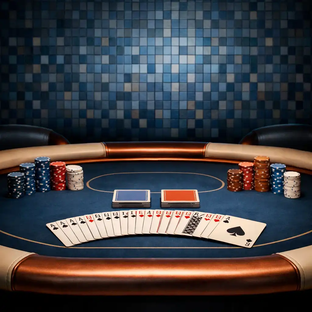 Table de poker prête avec des cartes disposées en éventail et des jetons alignés