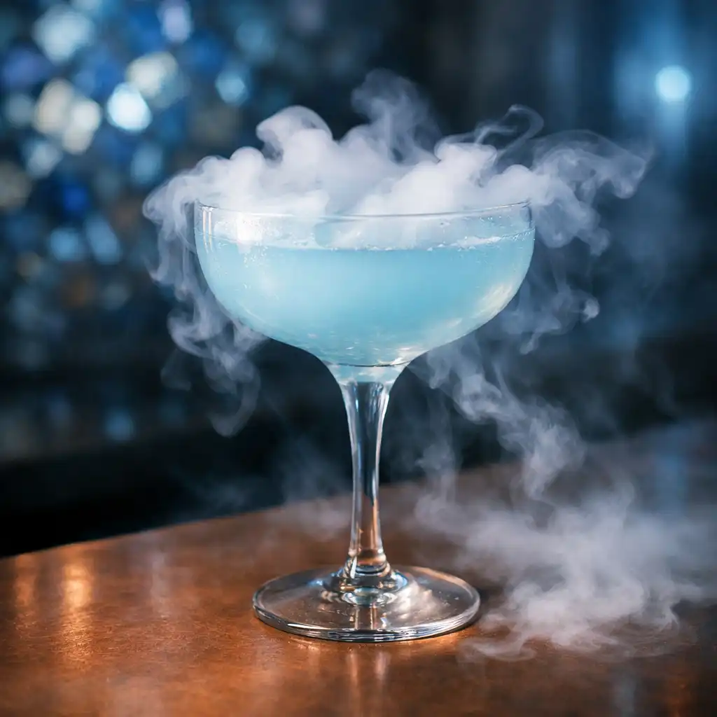 Cocktail signature Mist avec brume de glace carbonique sur comptoir en cuivre
