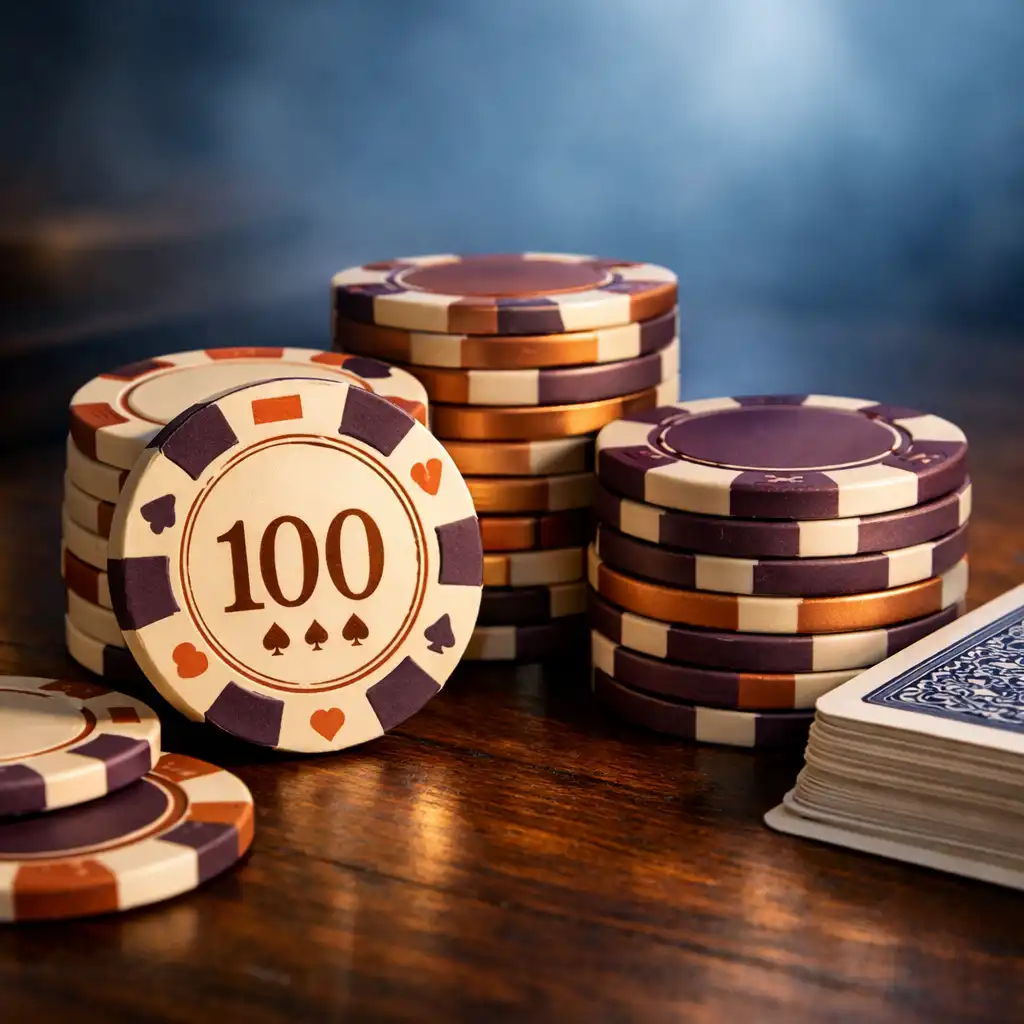 Jetons de poker en céramique empilés sur une table en bois sombre