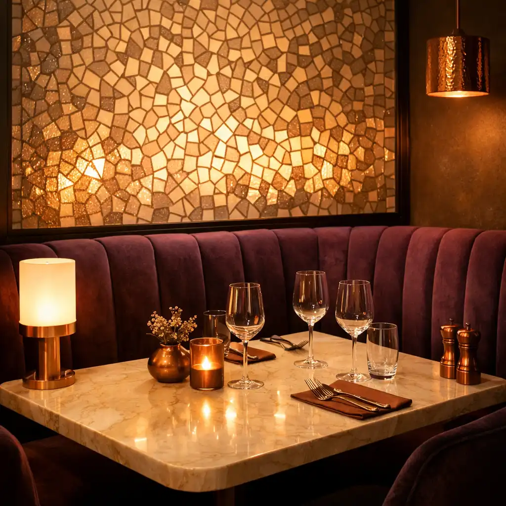 Coin salon du restaurant avec banquette en velours prune et panneau de verre dépoli