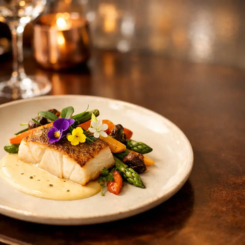 Plat gastronomique raffiné servi sur une assiette en céramique crème
