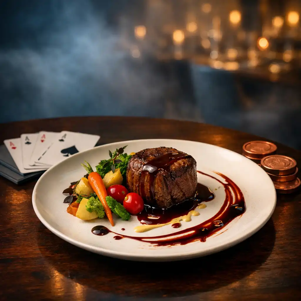 Assiette raffinée de filet de bœuf avec légumes, accompagnée de cartes à jouer et de jetons de poker en cuivre sur une table élégante