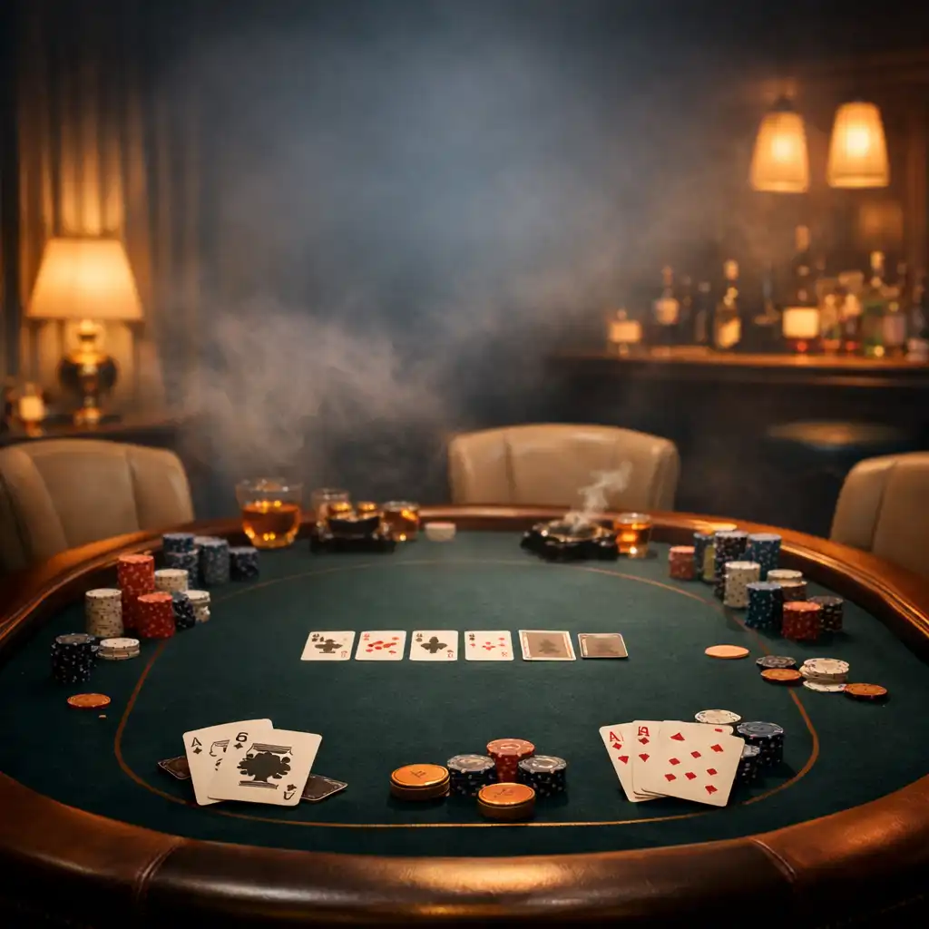 Table de poker élégante dans une salle privée de restaurant, ambiance tamisée avec brume légère
