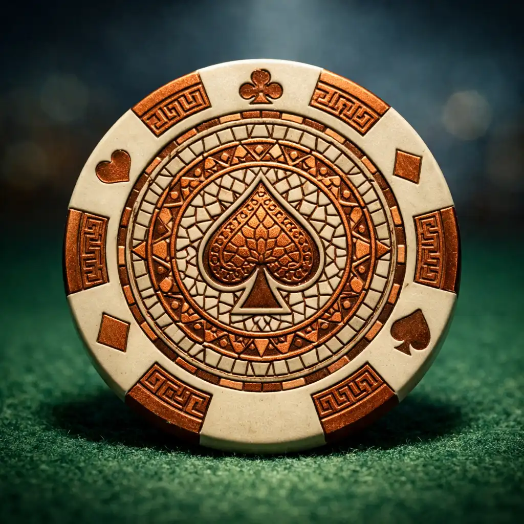 Très gros plan sur un jeton de poker en céramique avec motif mosaïque gravé