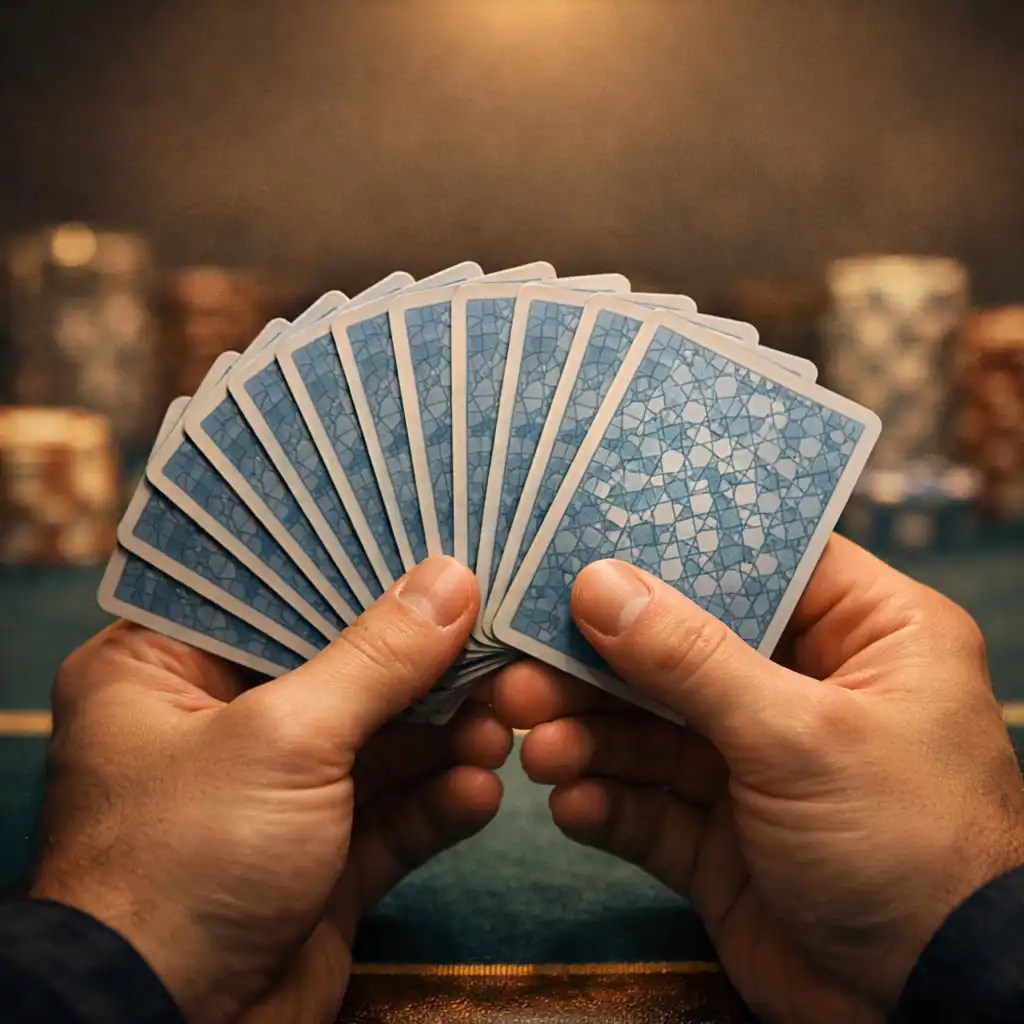 Mains d'un joueur tenant des cartes à jouer en éventail