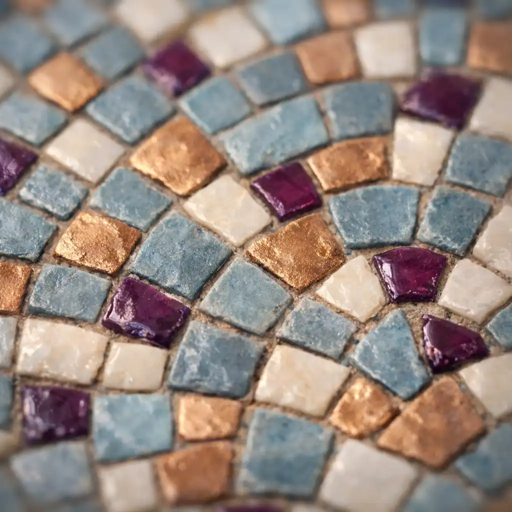 Détail d'une mosaïque artisanale aux tons bleu brume, cuivre et crème
