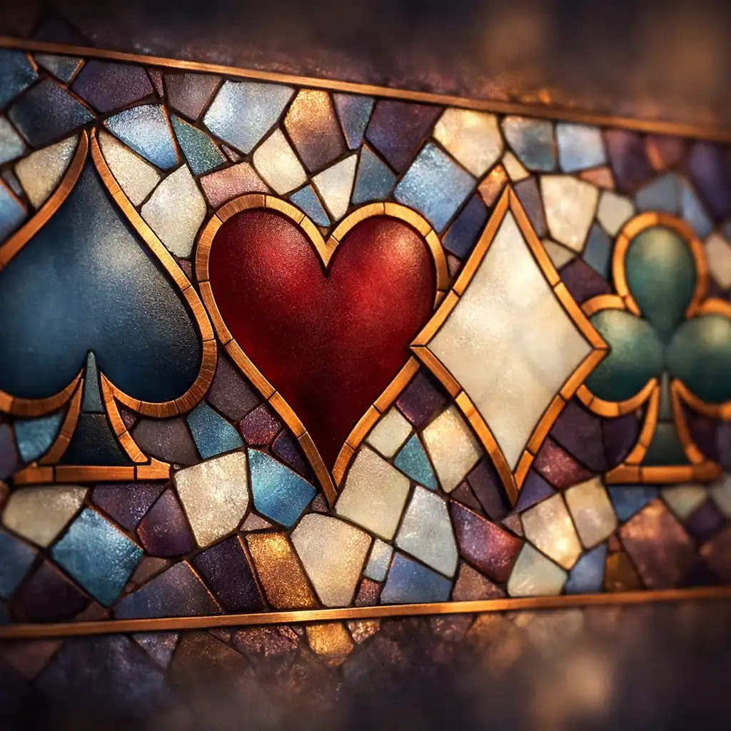 Mosaïque murale représentant les quatre enseignes des cartes en verre dépoli et cuivre mat