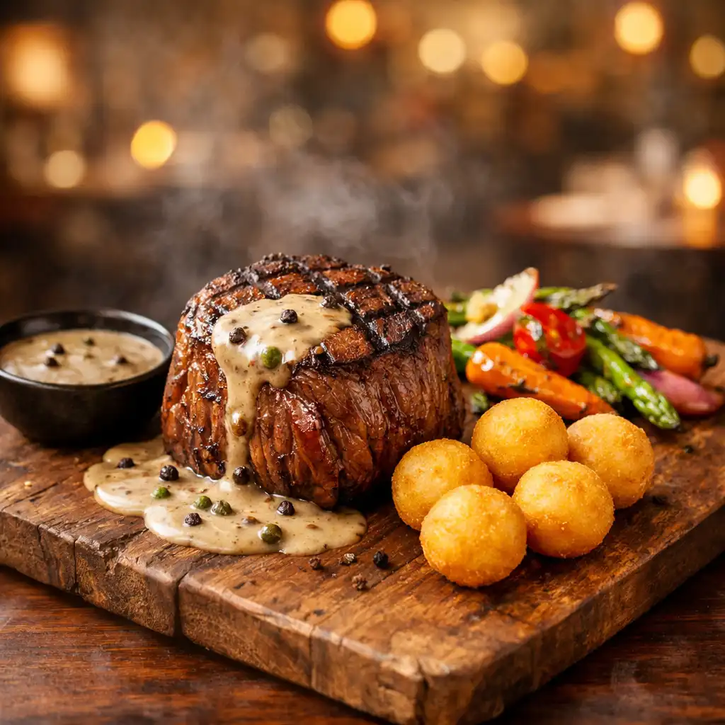 Filet de bœuf grillé avec sauce au poivre, pommes dauphines et légumes rôtis