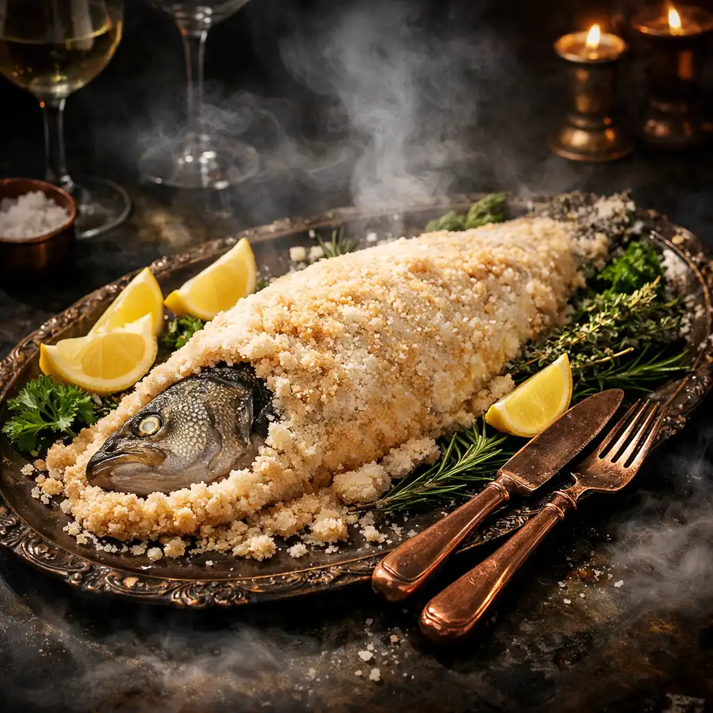 Bar en croûte de sel entier présenté avec citron et herbes
