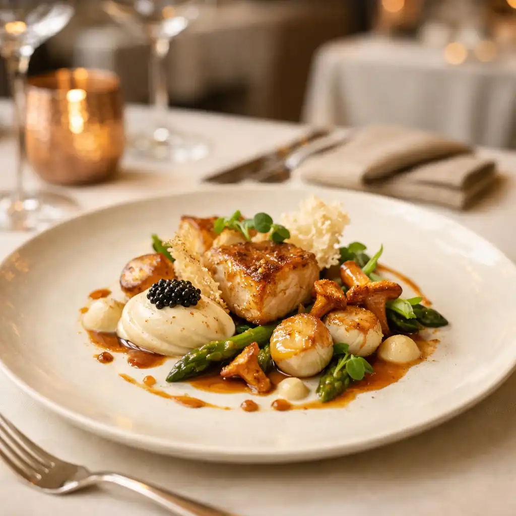 Assiette gastronomique élégante sur une table de restaurant