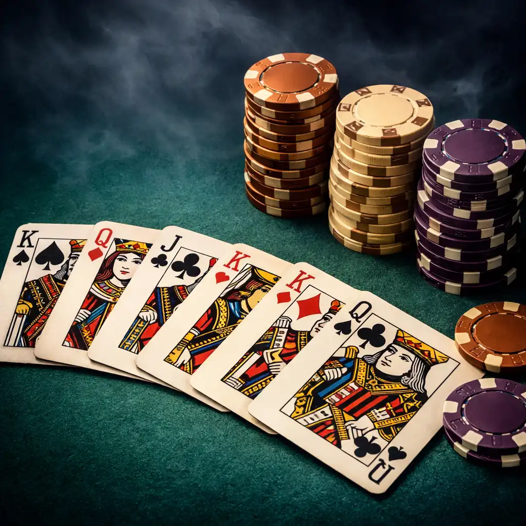 Cartes à jouer et jetons de poker sur une table verte, ambiance feutrée