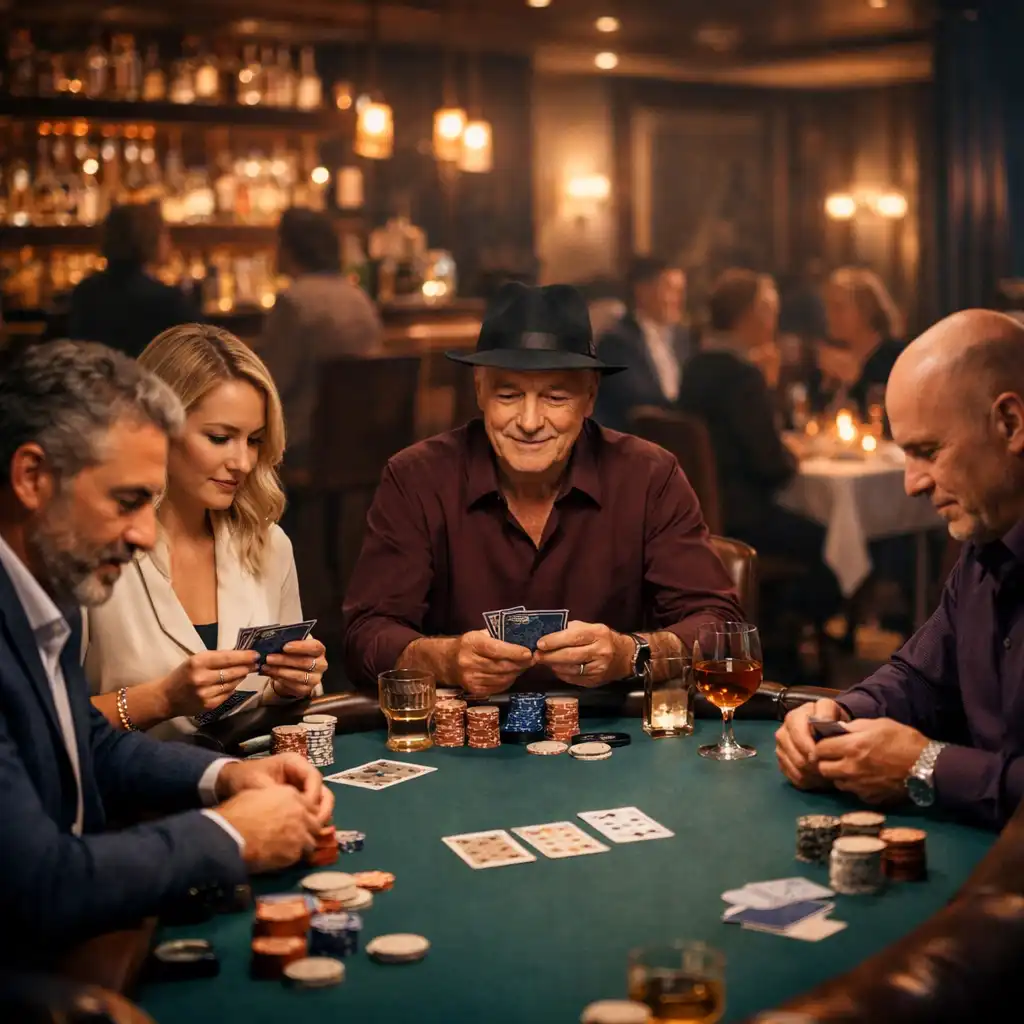 Soirée poker animée chez Tableau Brume avec joueurs concentrés autour d'une table