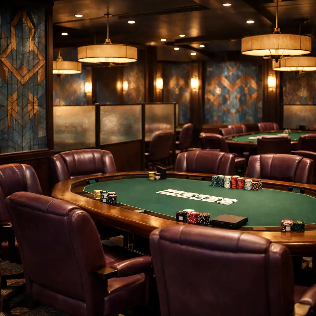 Vue de la poker room de Tableau Brume avec tables professionnelles, sièges en cuir prune et mosaïques bleu brume