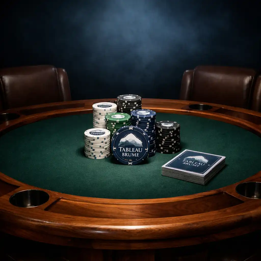 Table de poker en noyer avec feutre vert, jetons en céramique et jeu de cartes