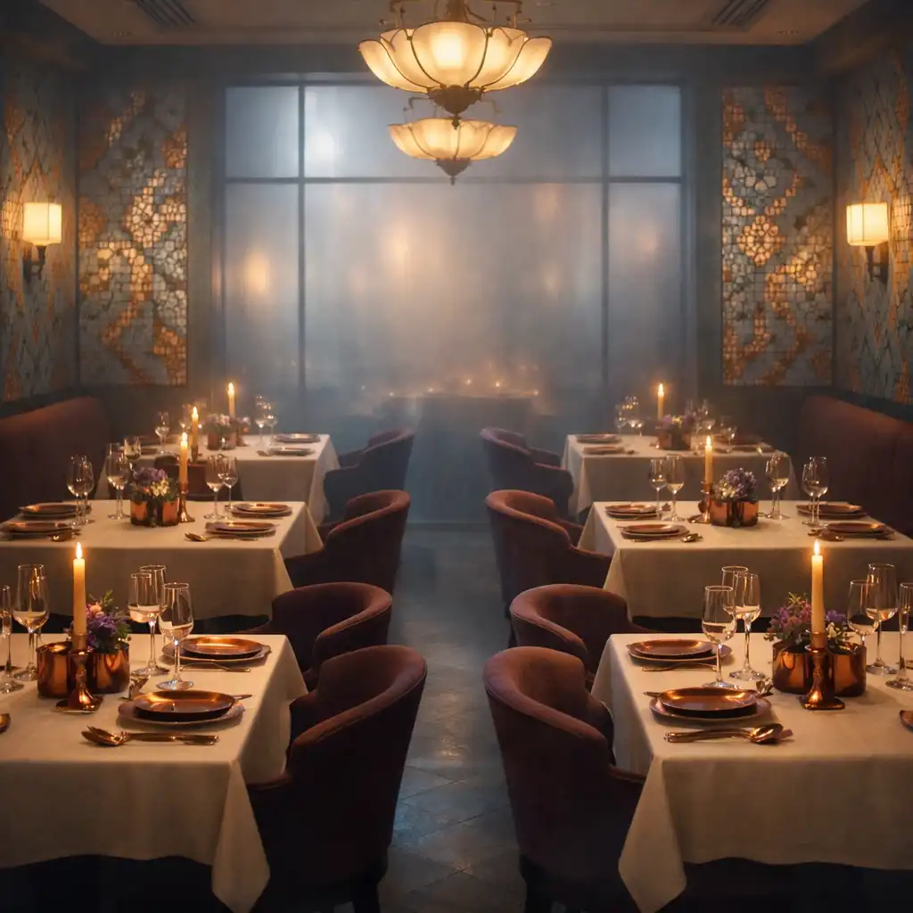 Intérieur du restaurant Tableau Brume avec verre dépoli, mosaïques bleu brume et cuivre, tables élégantes et éclairage tamisé