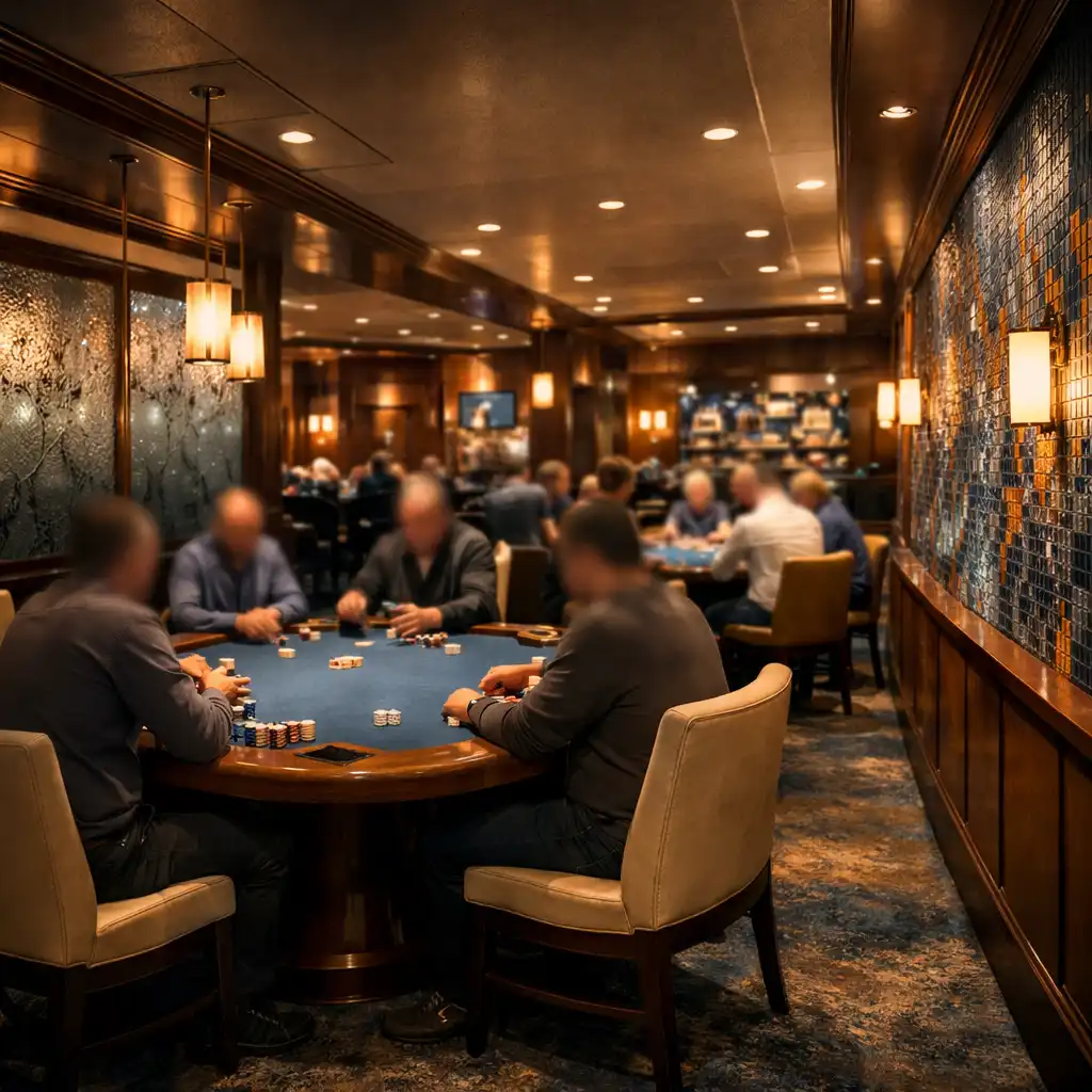 Vue d'une salle de poker élégante avec plusieurs tables et des joueurs