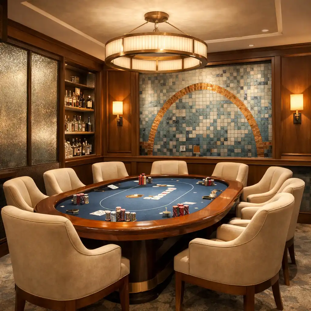 Vue d'une salle privée de poker avec table, chaises confortables et décor élégant