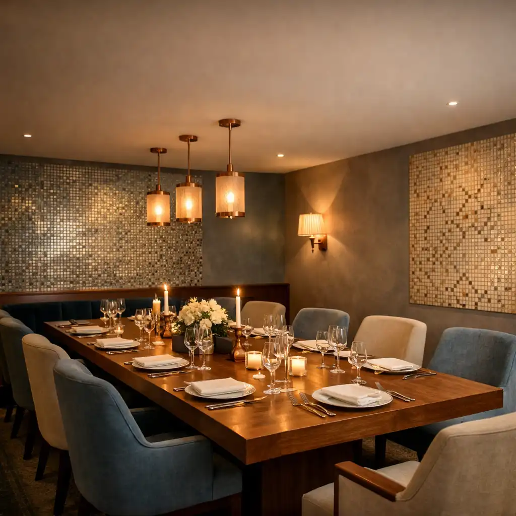 Salle privée de restaurant avec grande table en bois et éclairage doux
