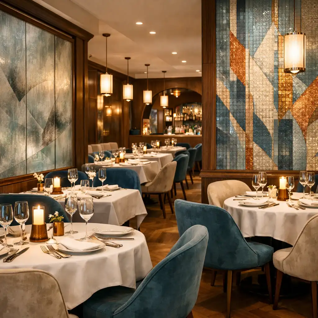 Vue d'une salle de restaurant élégante avec tables dressées et décor bleu brume et cuivre