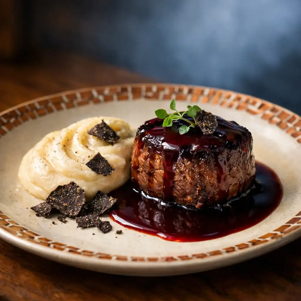 Filet de bœuf sauce au vin rouge, plat signature du restaurant Tableau Brume, servi sur une assiette crème avec motifs de mosaïque