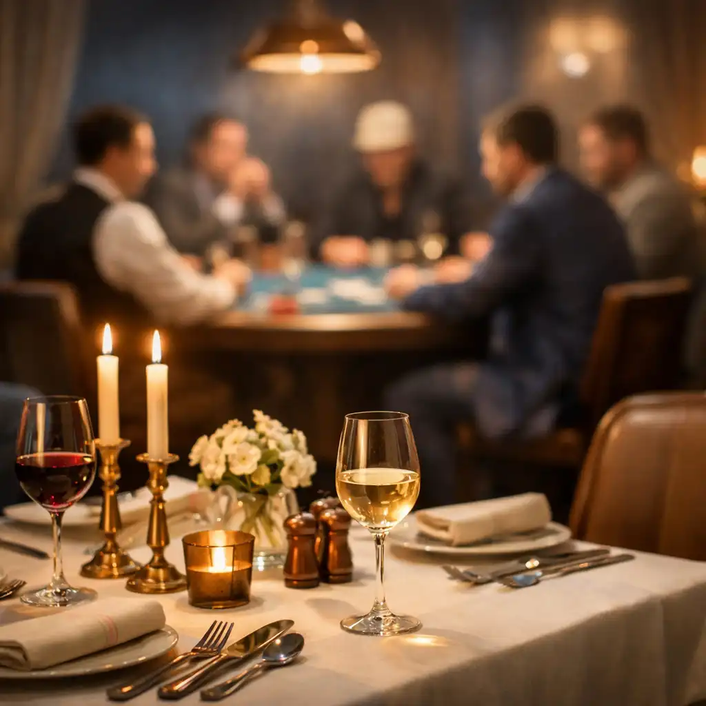 Table de dîner élégante avec une table de poker en arrière-plan