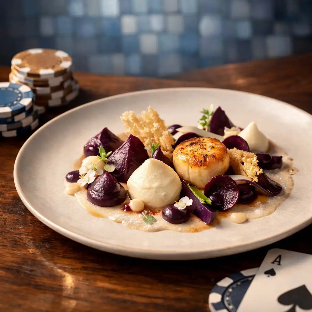Plat gastronomique raffiné avec des jetons de poker aux couleurs bleu brume et cuivre