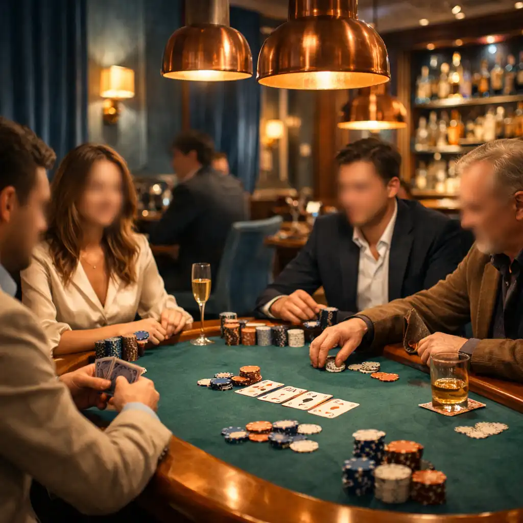 Scène de soirée poker dans un restaurant avec joueurs autour d'une table
