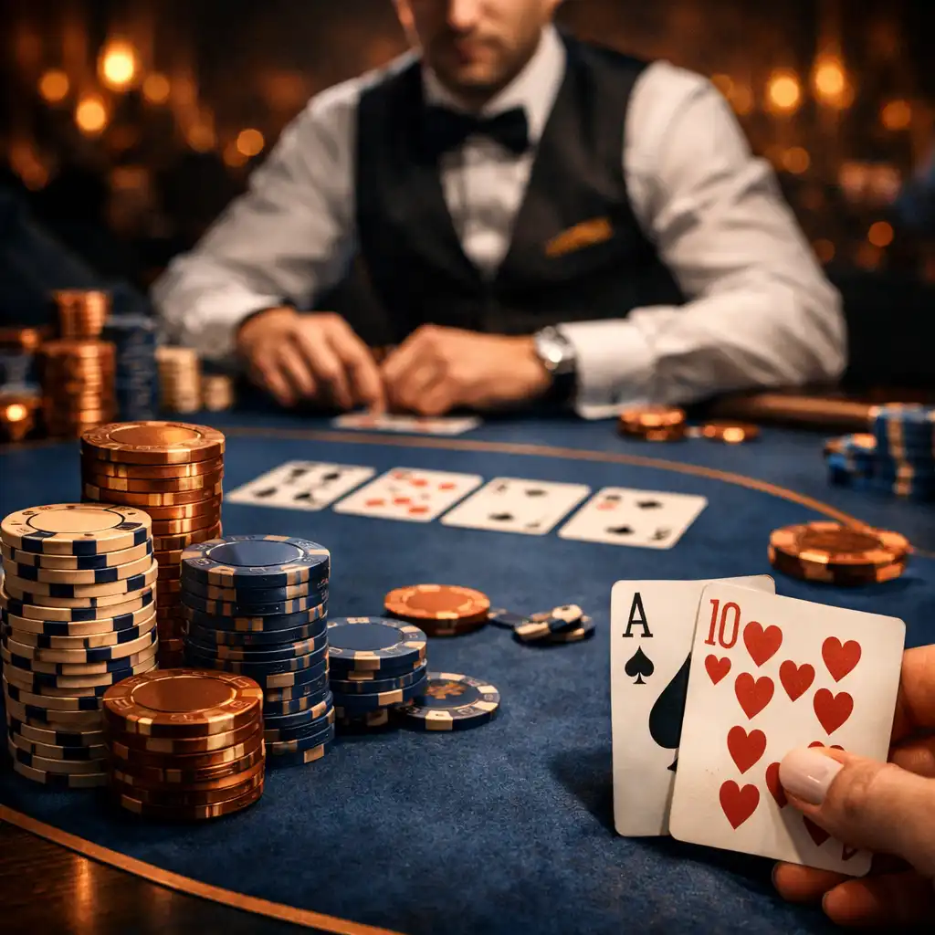 Table de poker pendant un tournoi avec des jetons empilés et des cartes