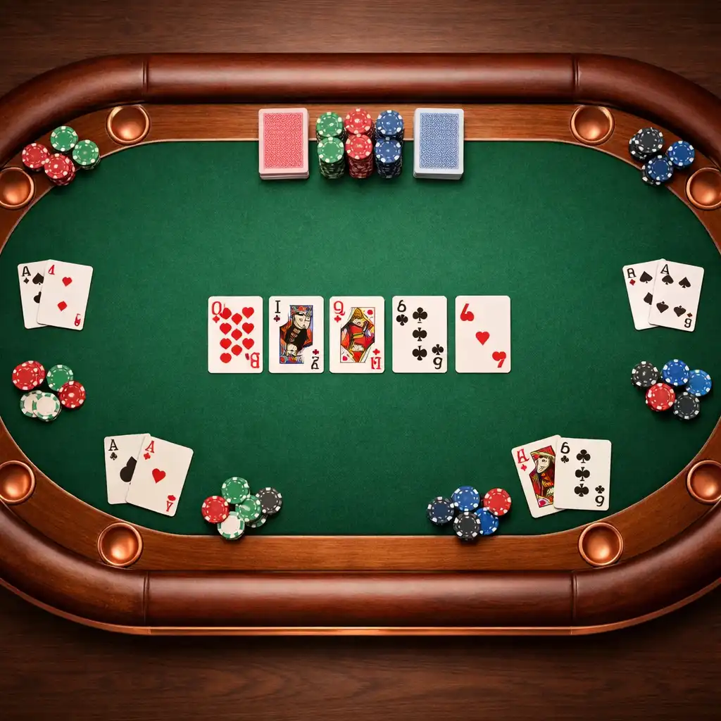 Vue de dessus d'une table de poker ovale avec tapis en feutre vert, cartes et jetons
