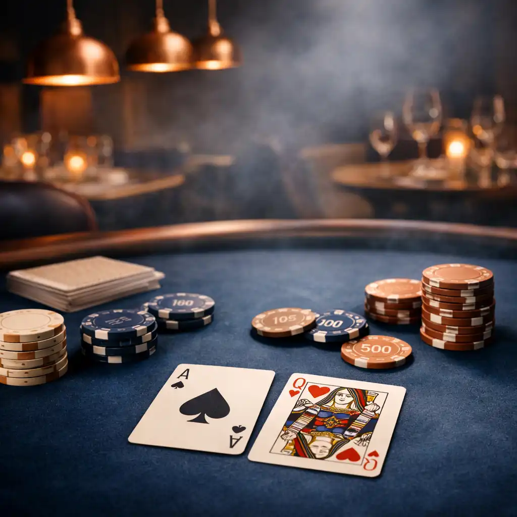 Table de poker élégante avec cartes et jetons dans une ambiance feutrée
