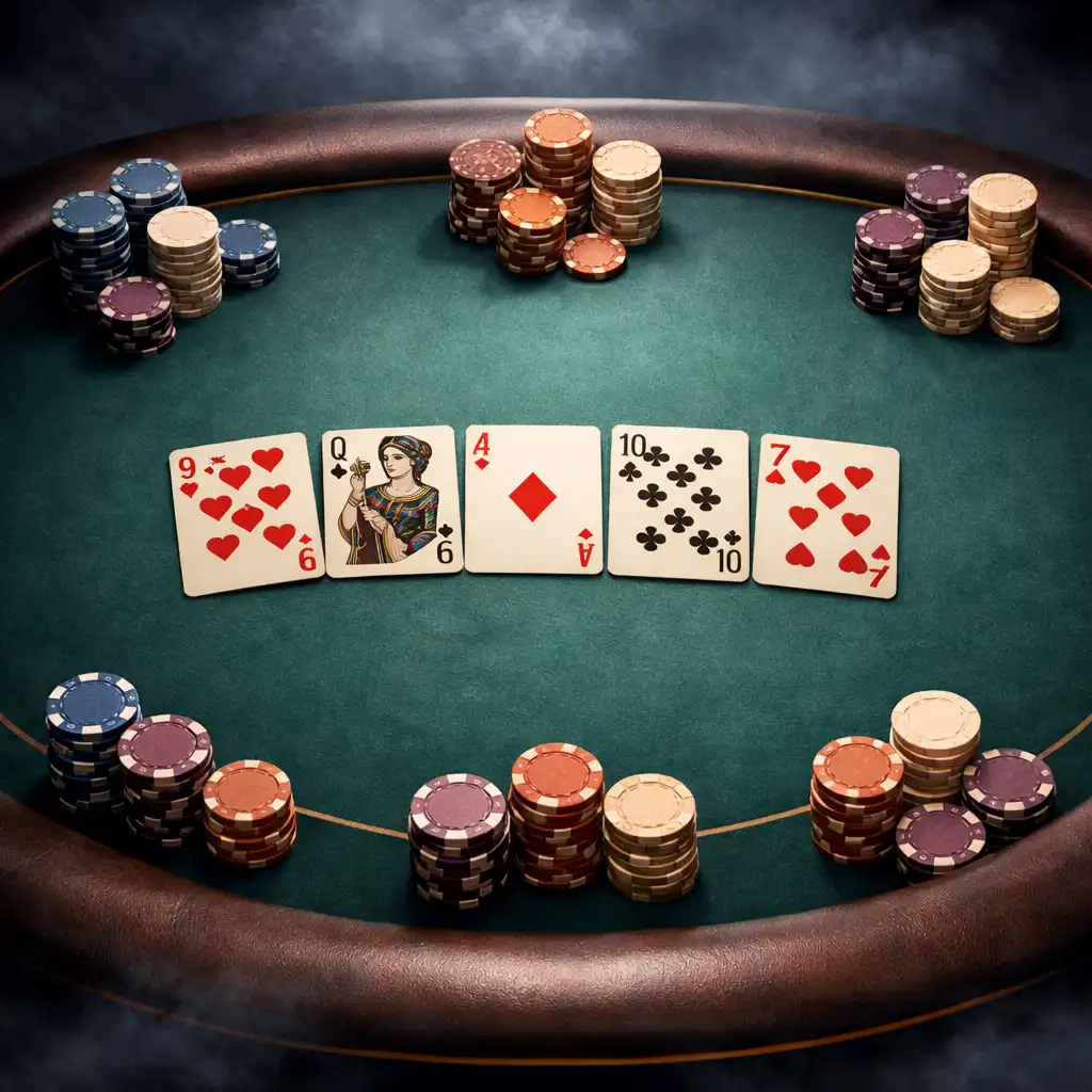 Table de Texas Hold'em vue de dessus avec cartes communautaires et jetons